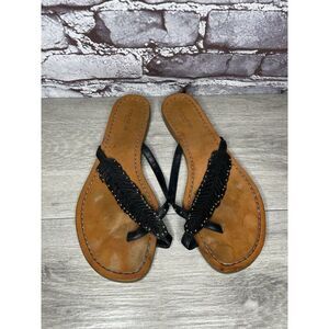 Coach New York DENI Black Leather Feather Thong Flat Sandals Women Sz 8B US/38EU
